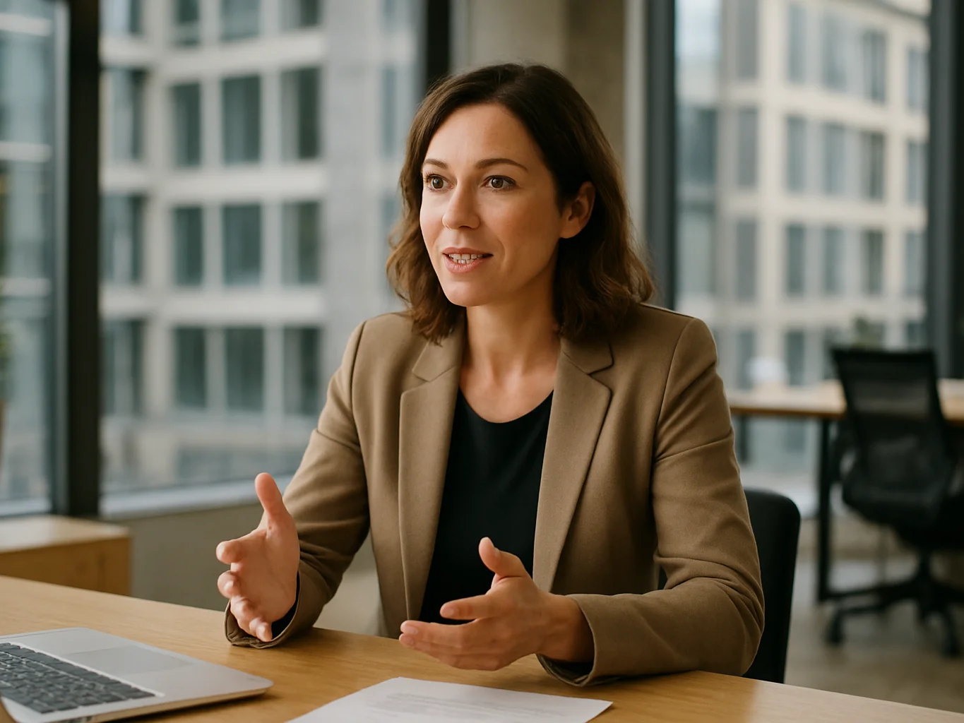 Dirigeante en conversation de travail dans un espace de bureau ur
