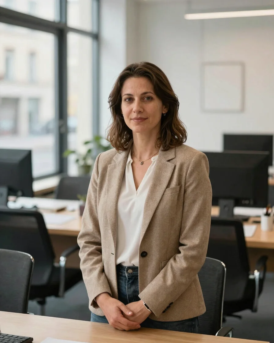 Portrait environnemental d'une dirigeante dans un bureau urbain f
